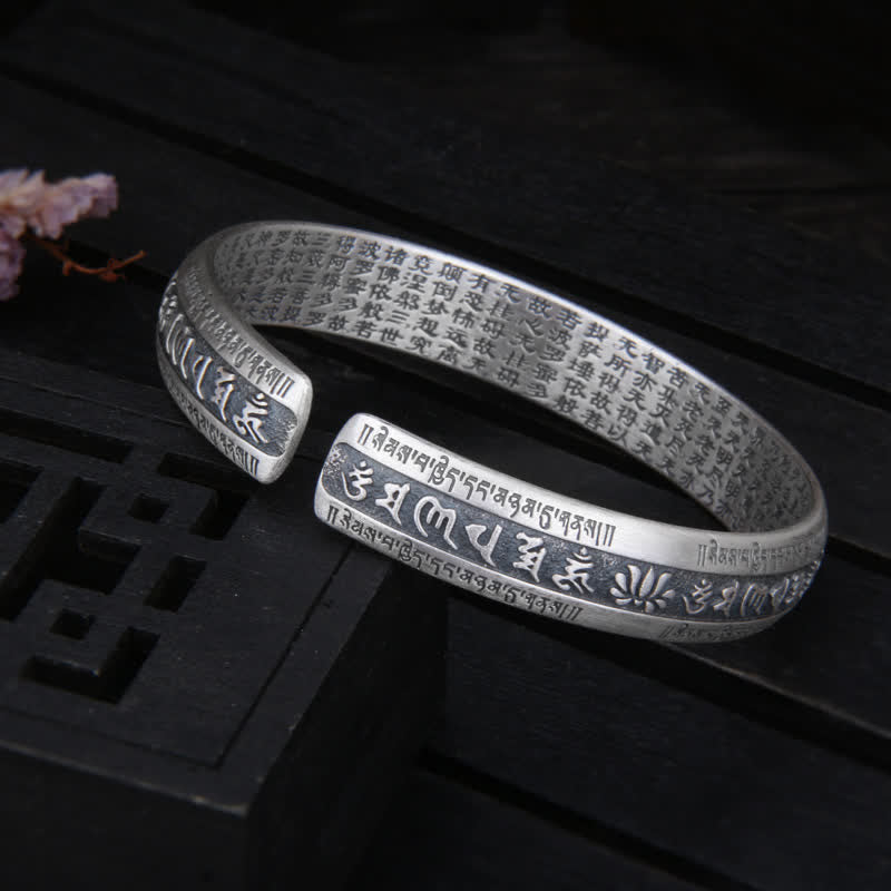 KarmaRipple's 999 Sterling Silver Om Mani Padme Hum Heart Sutra Lotus Peace Bracelet Bangle p5