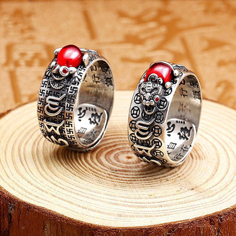 KarmaRipple's Genstone PiXiu Feng Shui Frog Vajra Dorje Heart Sutra Wealth Adjustable Ring p6