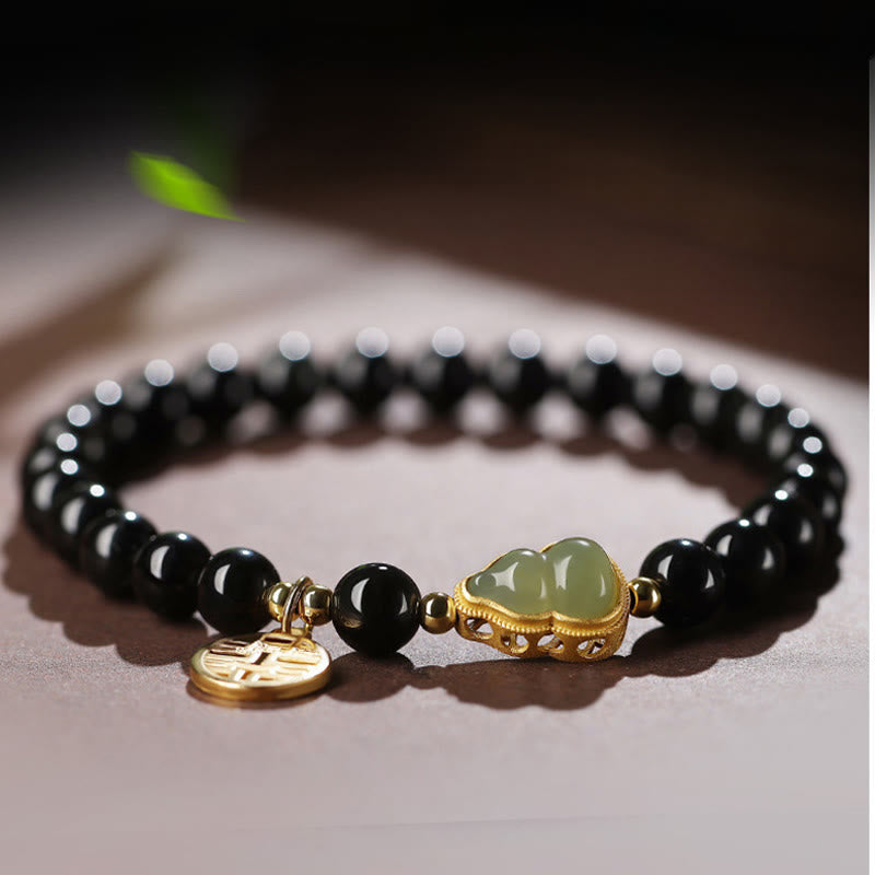 KarmaRipple's Authentic Black Obsidian Hetian Jade Gourd Double Happiness Strength Bracelet p4