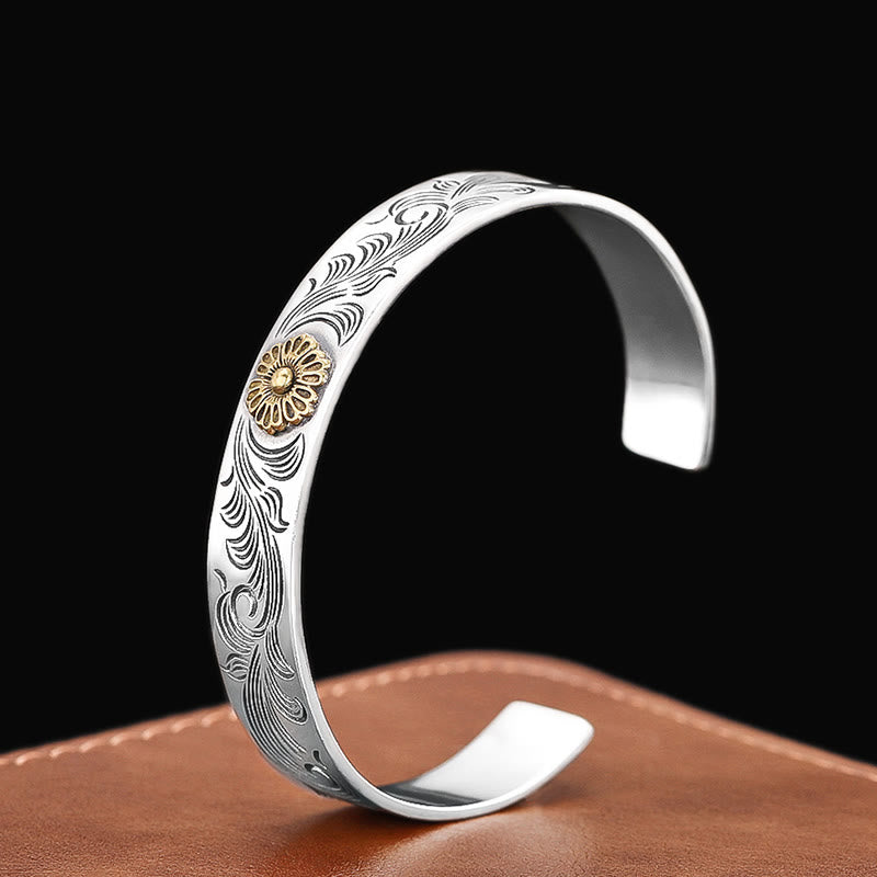 KarmaRipple's Tang Dynasty Flower Design Rose Flower Feather Carved Bronze Fortune Bracelet Bangle p1