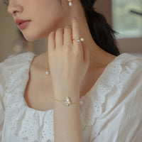 KarmaRipple's 14K Gold Plated Bronze Pearl Tridacna Stone Butterfly Blessing Ring Bracelet Pendant Necklace Earrings Set