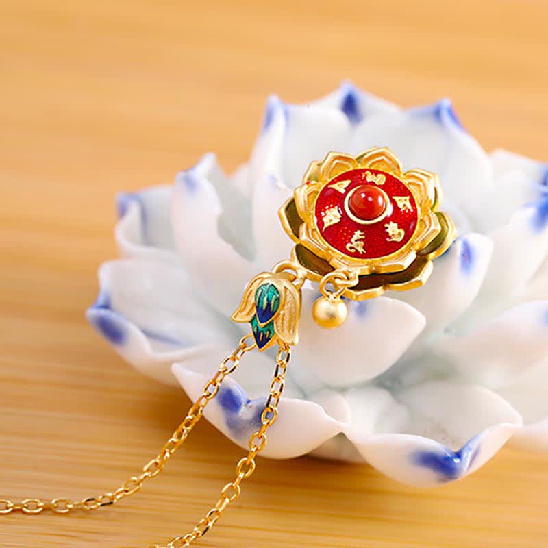 KarmaRipple's 925 Sterling Silver Tibet Lotus Prayer Wheel Red Agate Enlightenment Pendant Necklace p4