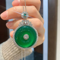 KarmaRipple's Green Chalcedony Round Peace Buckle Strength Pendant Necklace