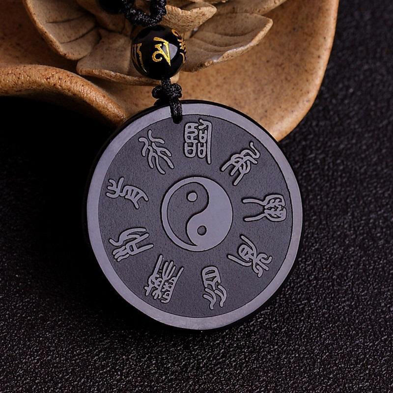 KarmaRipple's Authentic Black Obsidian Taoism Five Sacred Mountains Nine-Character Mantra Carved Strength Yin Yang Pendant Necklace Key Chain p4