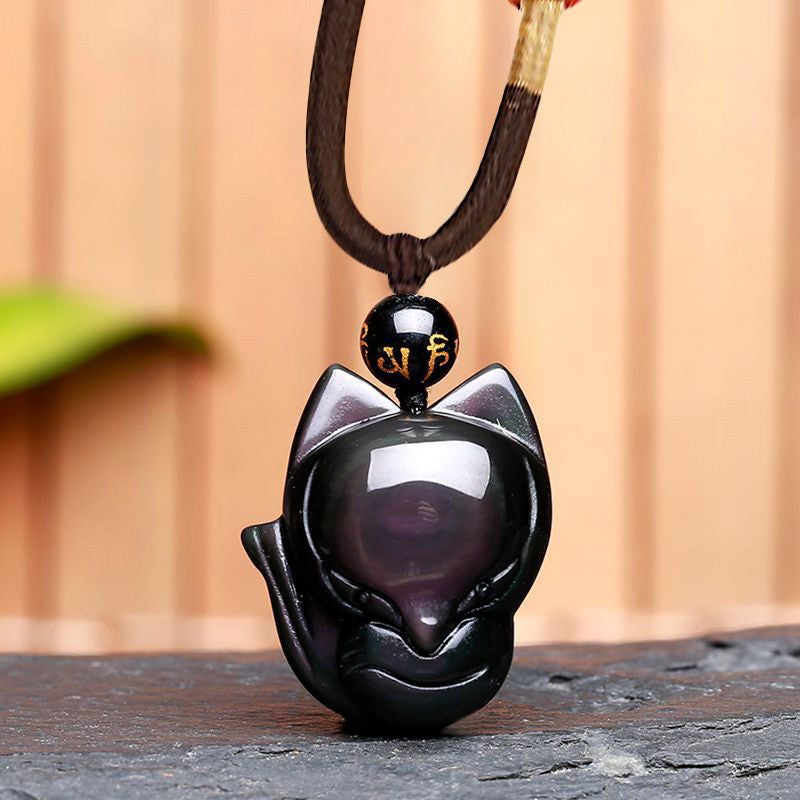 KarmaRipple's Authentic Rainbow Obsidian Gold Sheen Obsidian Nine Tailed Fox Positive Pendant Necklace p26