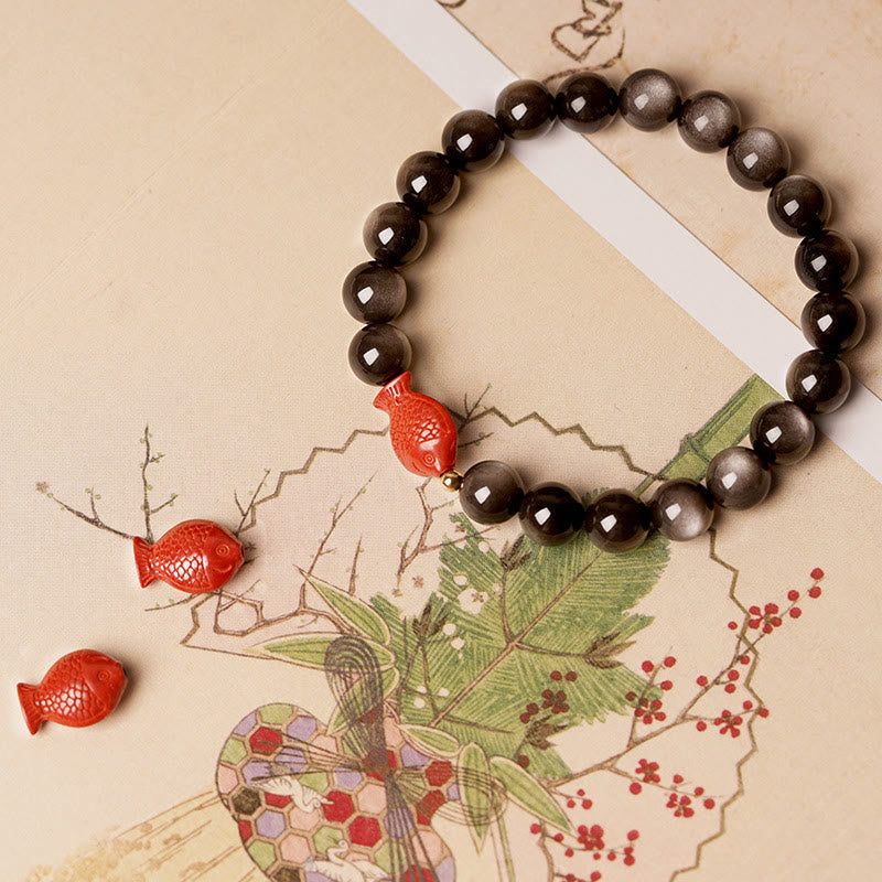 KarmaRipple's Authentic Silver Sheen Obsidian Cinnabar Koi Fish Soothing Protection Bracelet p2