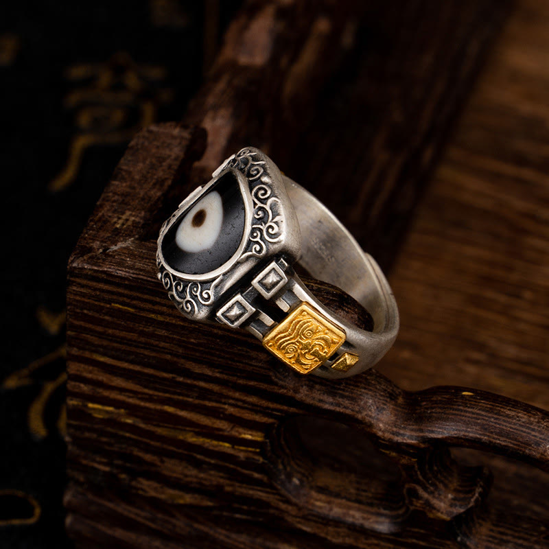KarmaRipple's 925 Sterling Silver Zakiram Goddess of Wealth Design Dzi Bead Protection Ring p3