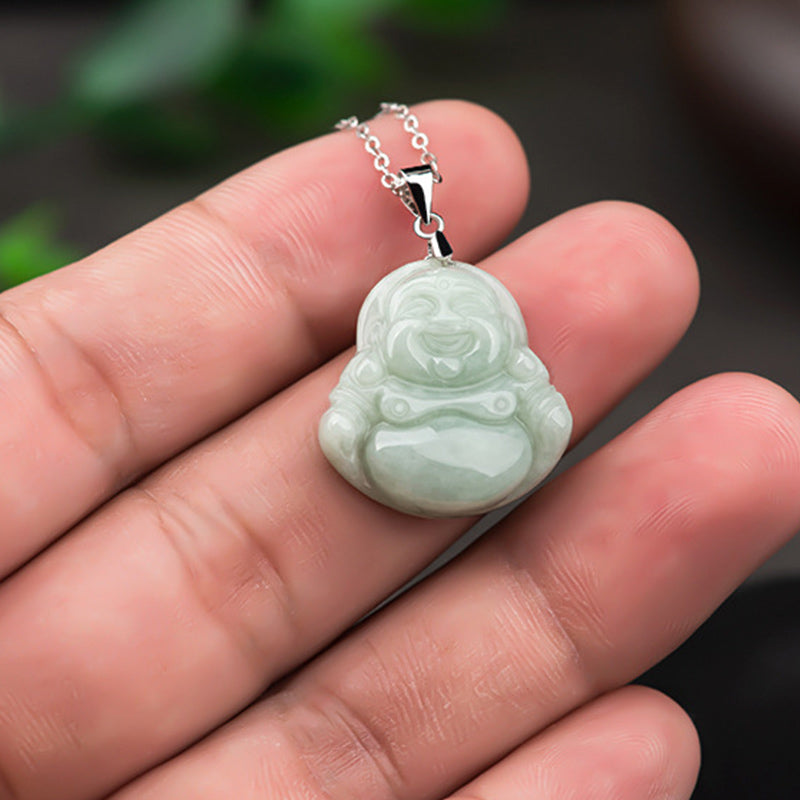 KarmaRipple's 925 Sterling Silver Laughing Buddha Jade Blessing Pendant Chain Necklace p5