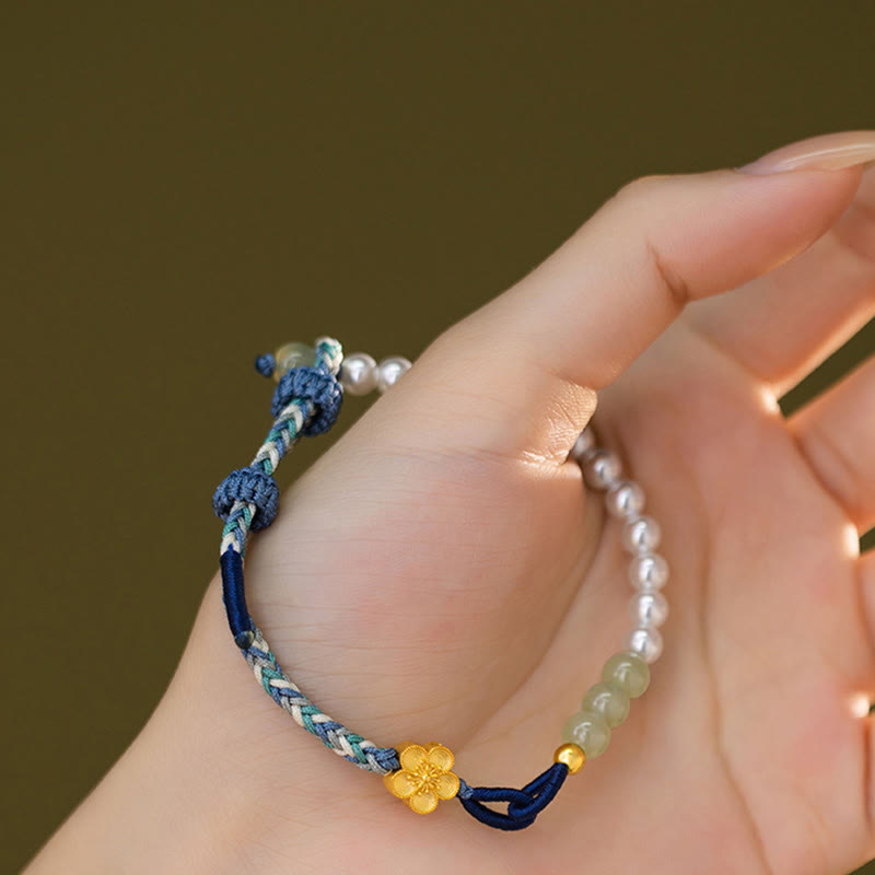 KarmaRipple's 925 Sterling Silver Hetian Jade Peach Blossom Flower Pearl Woven Fortune Bracelet p8