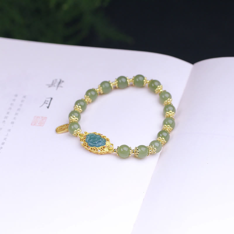 KarmaRipple's 14K Gold Plated 925 Sterling Silver Hetian Jade Lotus Fortune Bracelet p5