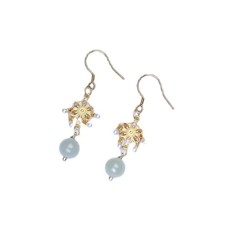 KarmaRipple's Hetian Jade Flower Pattern 14K Gold Plated Fortune Drop Dangle Earrings p5