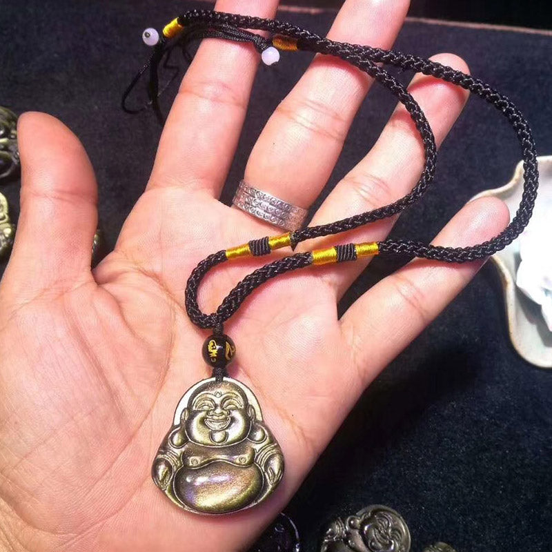 KarmaRipple's Laughing Buddha Gold Sheen Obsidian Wealth Pendant Necklace p11