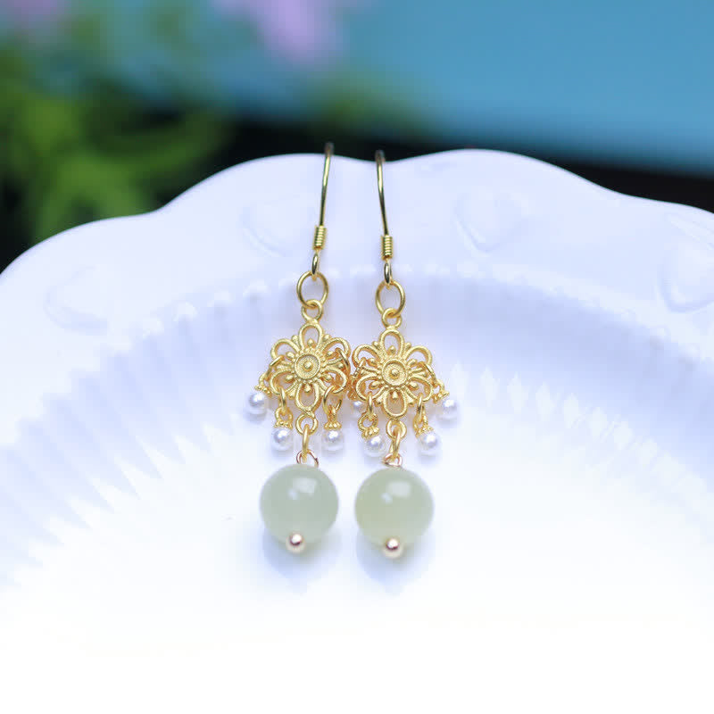 KarmaRipple's Hetian Jade Flower Pattern 14K Gold Plated Fortune Drop Dangle Earrings p4