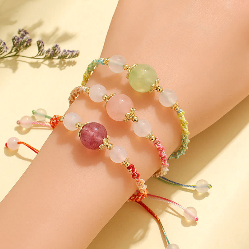 KarmaRipple's Strawberry Quartz Pink Gemstone Prehnite Ivory Agate Bead Balancing Rope Bracelet p13