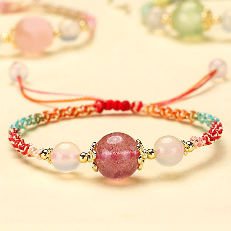 KarmaRipple's Strawberry Quartz Pink Gemstone Prehnite Ivory Agate Bead Balancing Rope Bracelet p1
