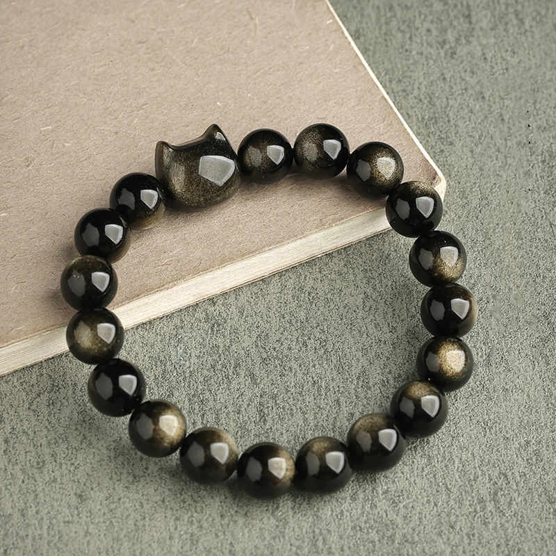 KarmaRipple's Gold Sheen Obsidian Silver Sheen Obsidian Lovely Paw Fortunate Cat Protection Bracelet p44