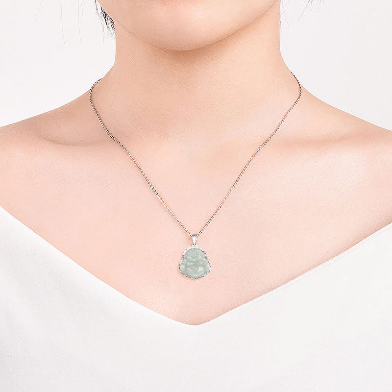 KarmaRipple's 925 Sterling Silver Laughing Buddha Jade Fortune Calm Pendant Chain Necklace p3