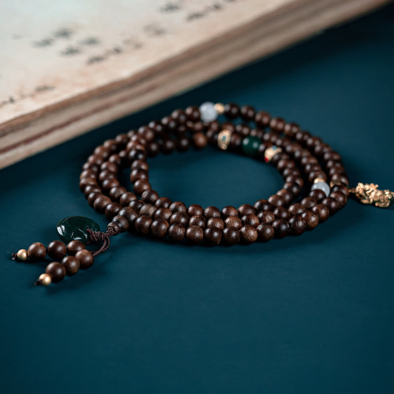 KarmaRipple's 108 Mala Beadwork Kalimantan Agarwood Laughing Buddha Peace Buckle Red Agate Jade Strength Bracelet p11