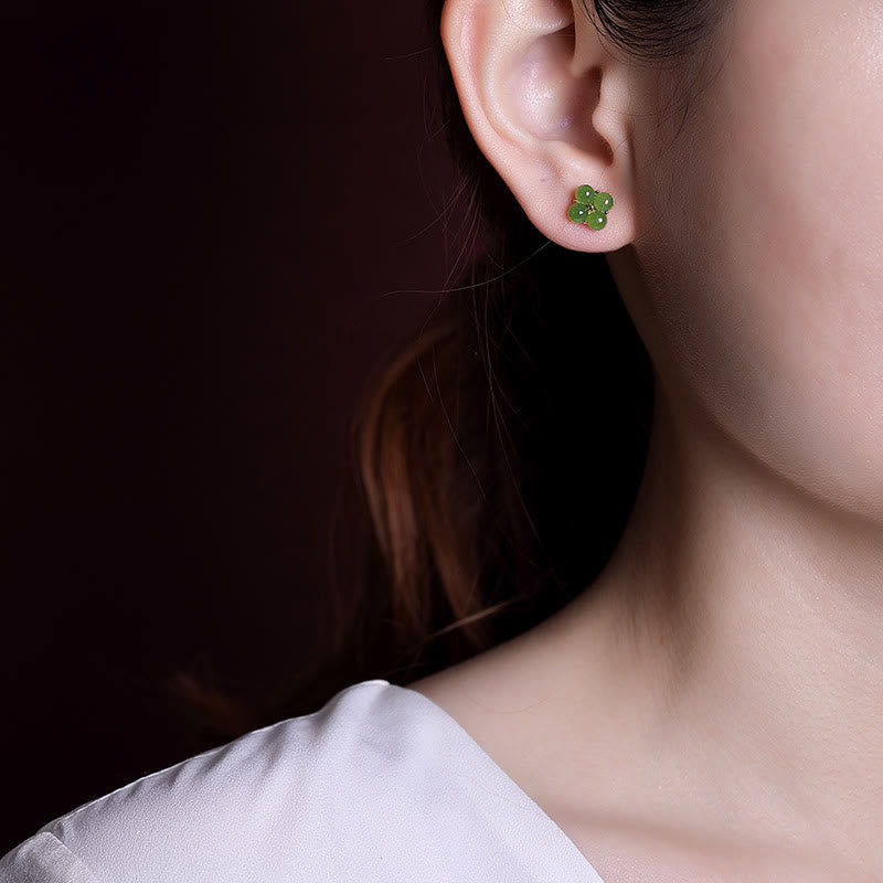 KarmaRipple's 925 Sterling Silver Plated Gold Authentic Cyan Jade Four Leaf Clover Fortune Stud Earrings p7